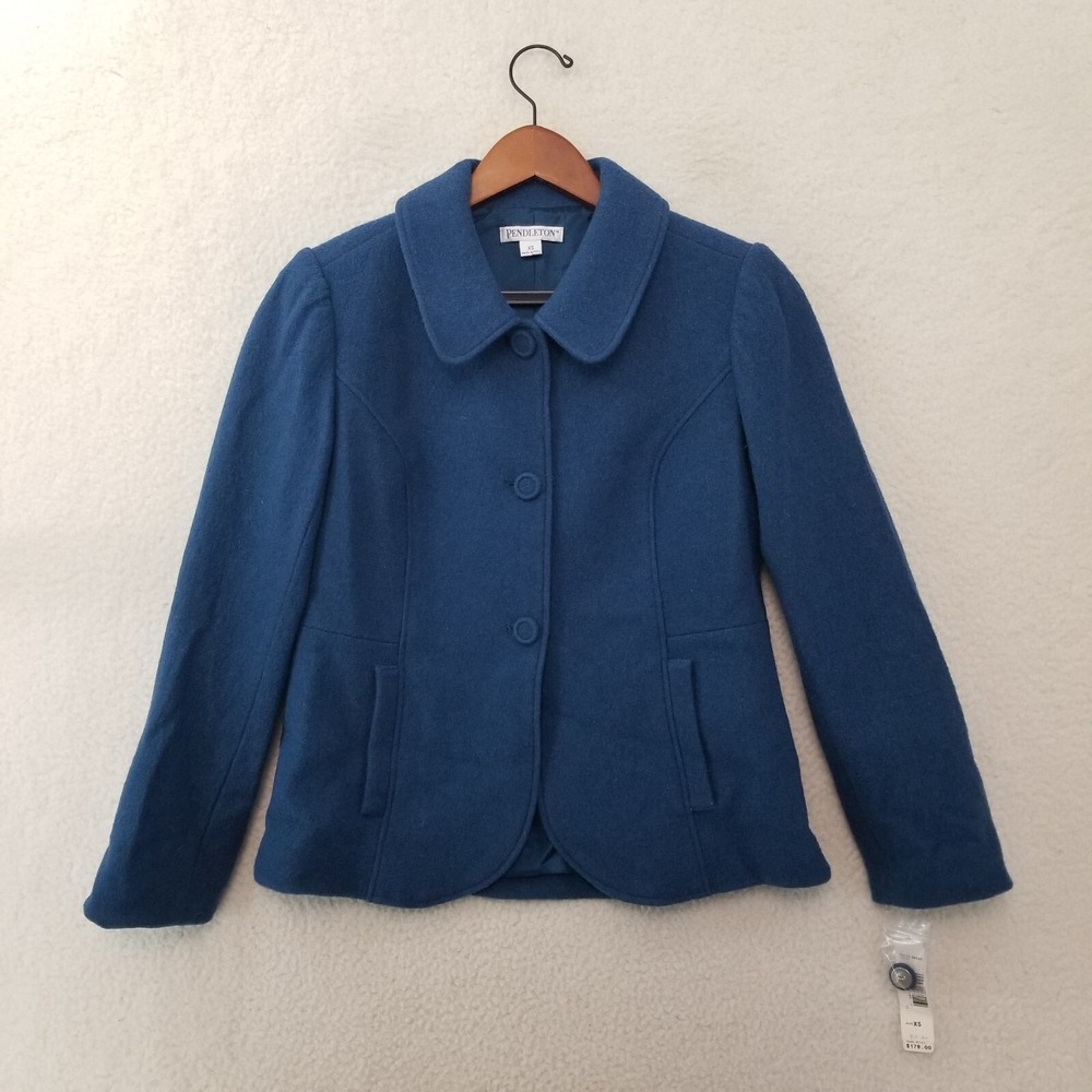 NWT Pendleton Three Button 100% Wool Blazer Women's Size XS Teal Blue Lined